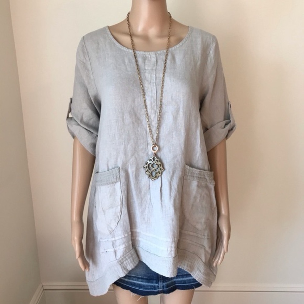 Lungo L’Arno Navy Blue Linen Tunic top with Pockets